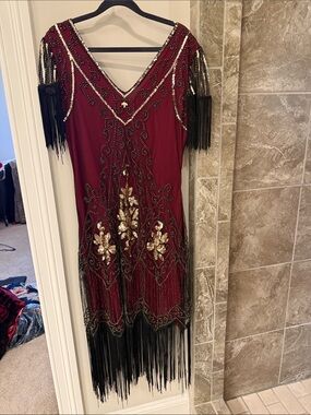 Vintage-Inspired Burgundy Beaded Fringe Dress